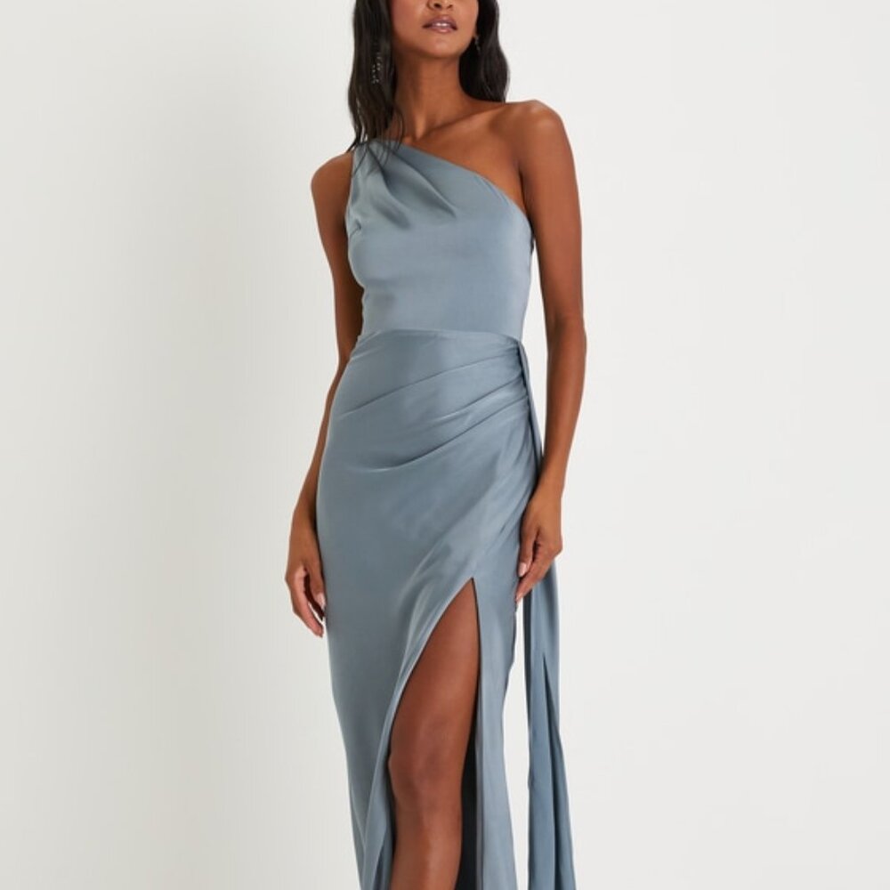 Lulus Signature Elegance Slate Blue Satin One-shoulder Maxi Dress - Size 2X